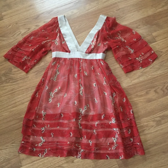 Development by Erica Davies Red 100% Silk Floral Print Dress EUC - Picture 16 of 16